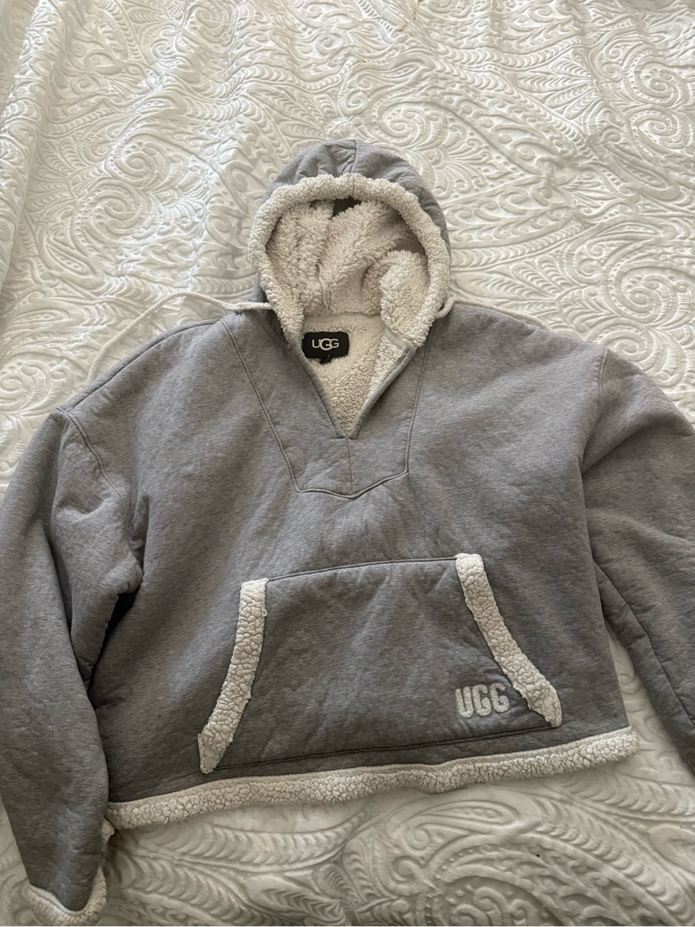 UGG Gray Pullover Hoodie with Cream Sherpa Trim